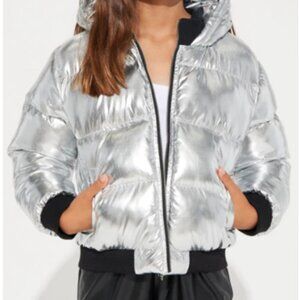 Silver Hooded Puffer Jacket with Tags